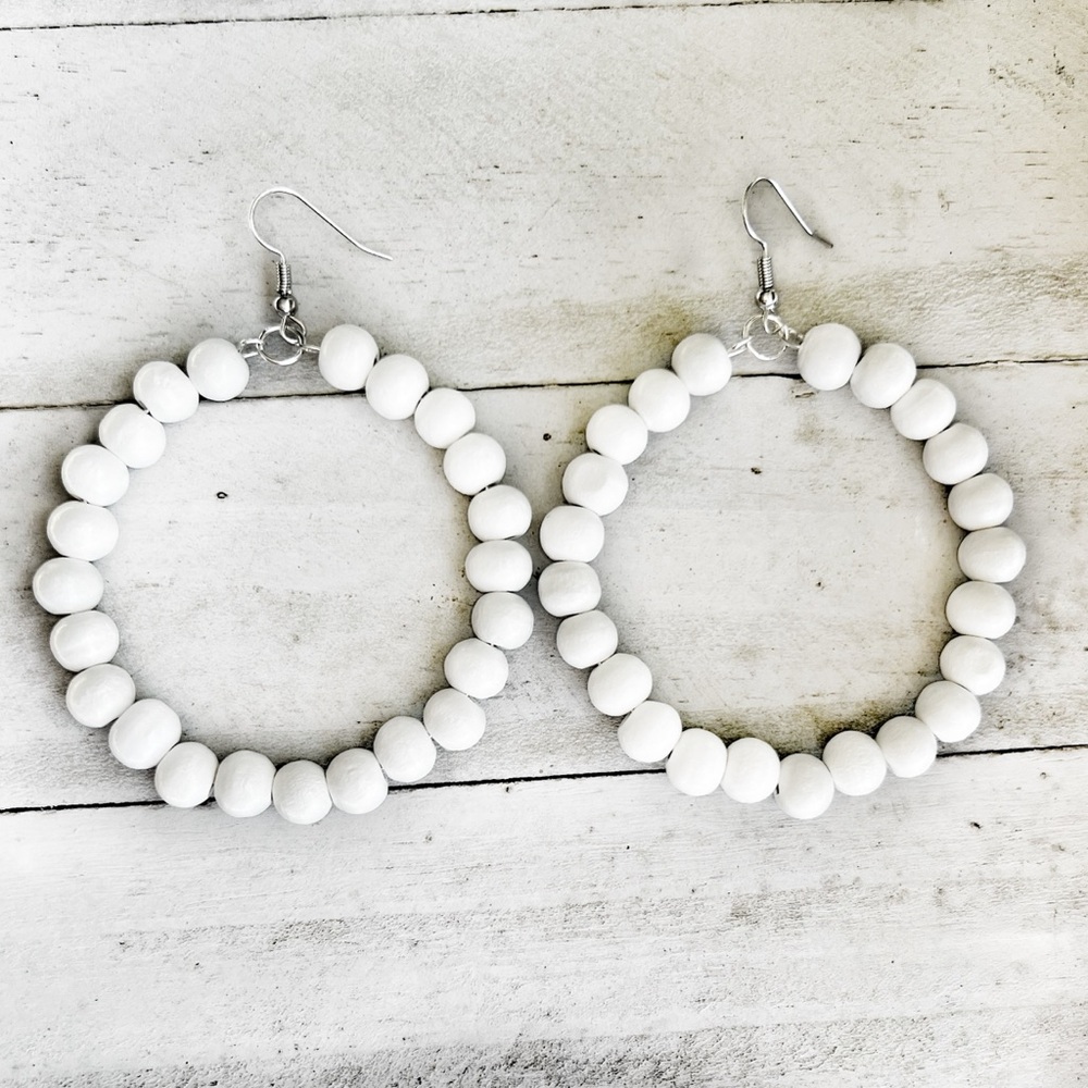 Handmade White Wood Beaded Hoop Earrings